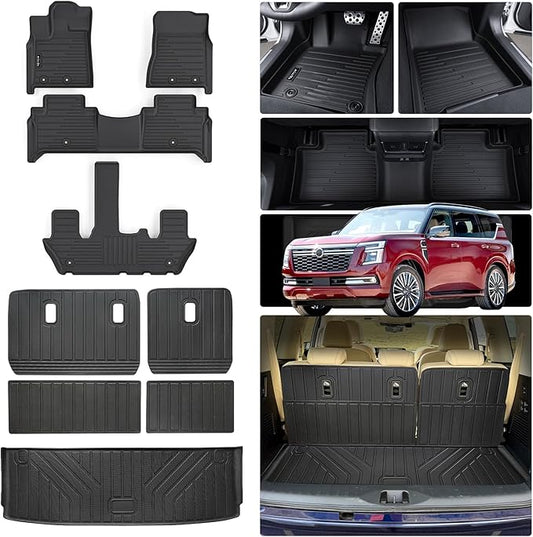 Floor Mat for 2025 Nissan Armada Only Suit for 7 Seats, TPE All Weather Protection Floor Liners & Cargo Liners Velcro Covering The Backrest (for 2025 Nissan Armada-7)