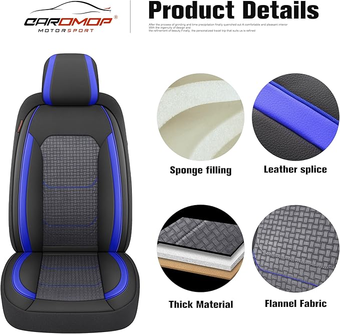 CAROMOP Premium PU Leather&Flannel Car Seat Covers 2 Front Set with Breathable Cloth,Universal Fit for Most Car Interior Covers-Sedan Truck SUV(Black/Blue)