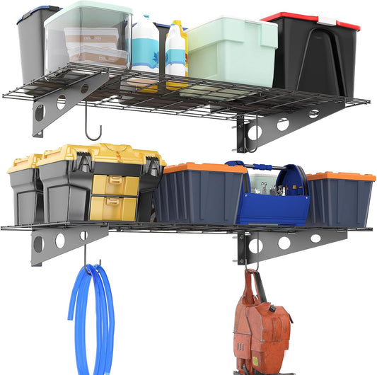 Ultrawall Garage Wall Shelves, 2 x 4 ft Wall Mounted Storage Shelves, Heavy Duty Wall Shelving with Hooks, Holds Up to 220 Lbs, 2Pack, Black