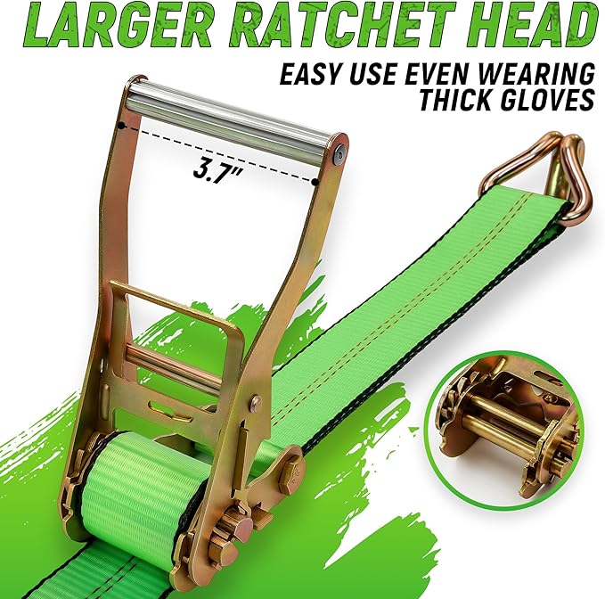 2"x20' Ratchet Straps with J Hooks - 10,000lb Break Strength/ 3,333lb Load Capacity Ratchet Tie Down Strap - Ratchet Straps Heavy Duty - Cargo Straps for Truck, Lawn Equipment, Car Roof, 4 Pack(Green)