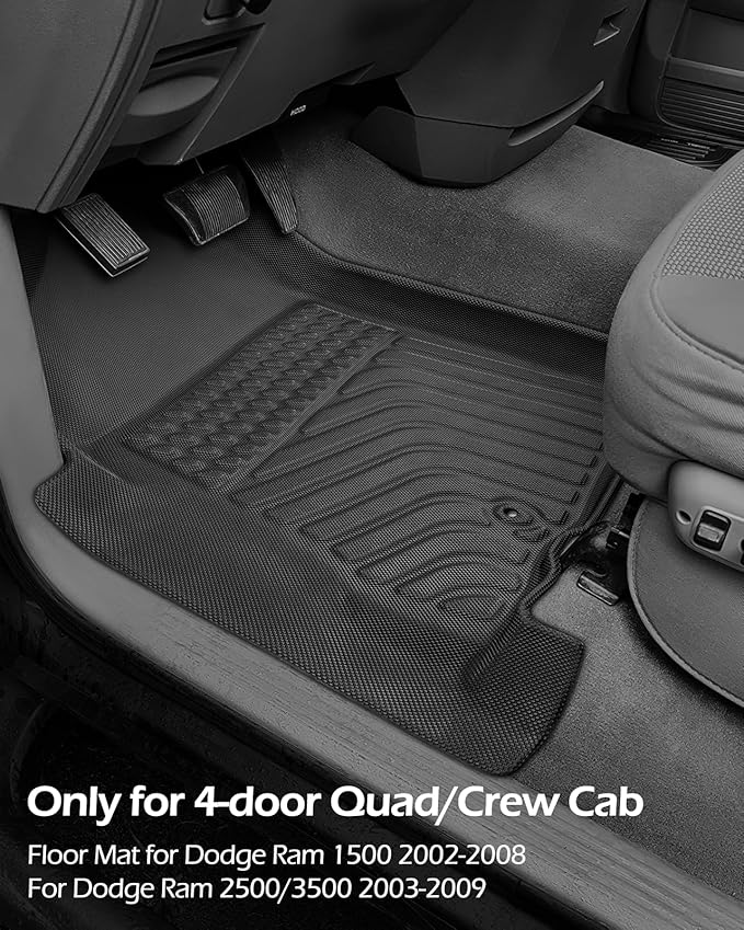 Car Floor Mats for Dodge Ram: Ram 1500 2002-2008 Crew Cab (Quad Cab) Ram 2500/3500 2003-2009 Crew Cab All-Weather Carpet Liners Front Rear Liners Custom Rubber Heavy Duty Truck Vehicle Accessories