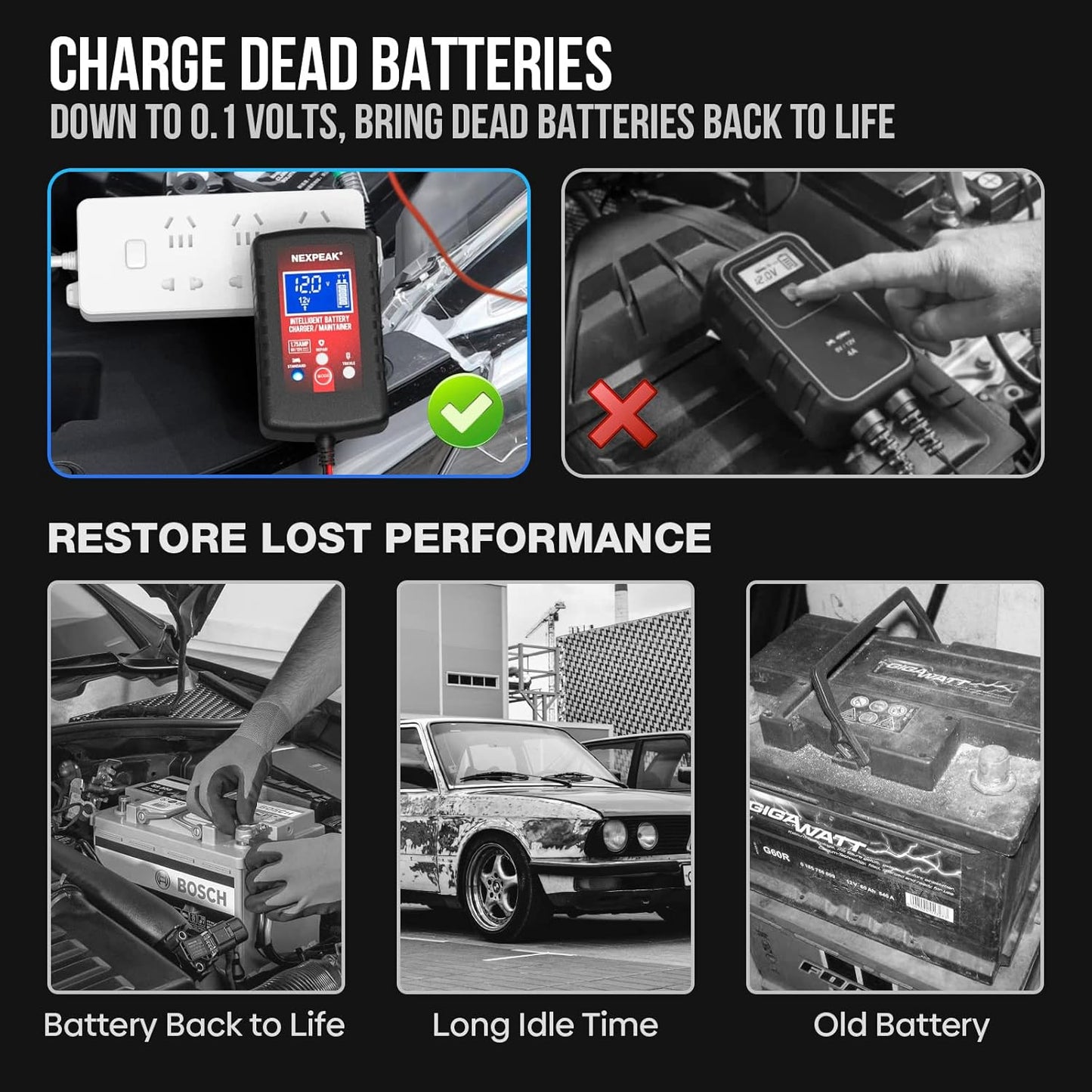 [4-Pack]1.75-Amp Car Battery Charger, 6V and 12V Smart Fully Automatic Battery Charger Maintainer, Trickle Charger, Battery Desulfator for Car, Lawn Mower, Motorcycle, Boat, Marine Lead Acid Batteries