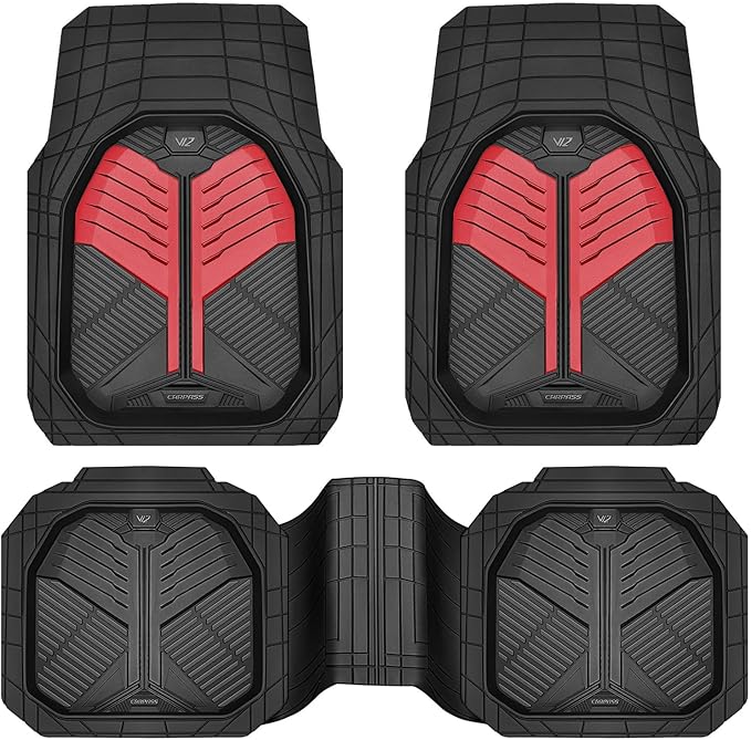 CAR PASS Heavy Duty Rubber Car Mats, Deep-Dish Car Floor Mats All Weather, Universal Two-Tone Trim-to-Fit for SUVs Trucks Sedans, Waterproof Anti-Slip, 3 Pieces V12 Black and Metallic Red