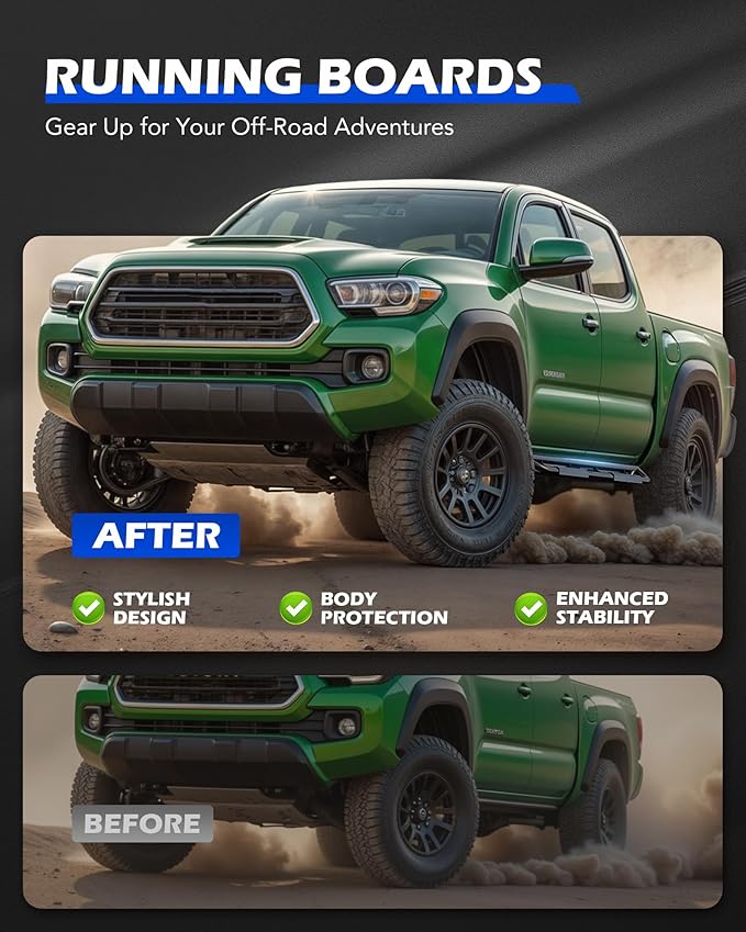 Running Boards Compatible with Toyota Tacoma Double Cab 2005-2023, 6.6" Side Steps with Paintable Step Plates, Heavy Duty Nerf Bar with Triple-Shield Anti-Corrosion Technology, Single Stair