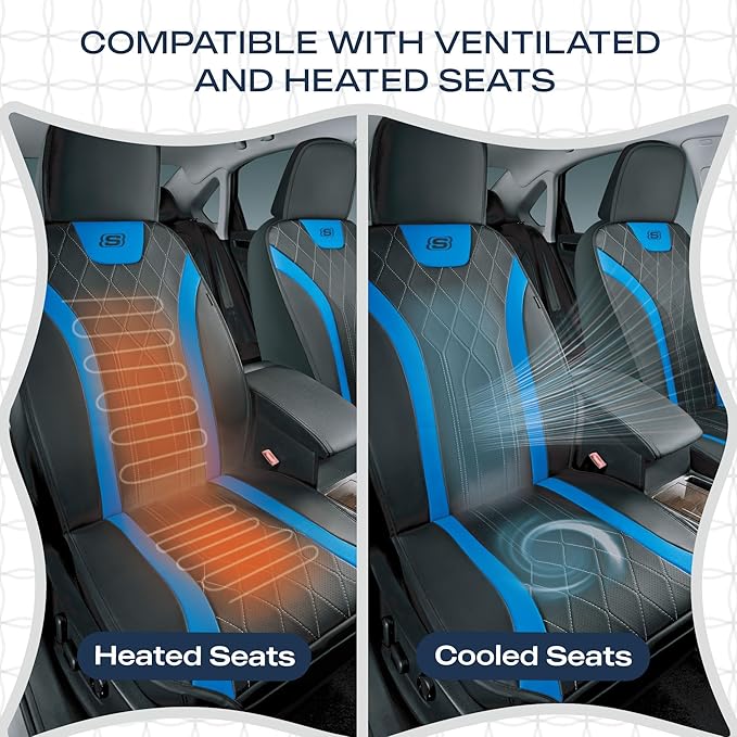 Skechers MAX Cushioning Car Seat Covers,Memory Foam Leather Car Seat Protectors, Airbag Safe Waterproof Sideless Front Seat Covers with Storage Pocket,Universal Fit for Cars Trucks SUV, Blue 2PCS