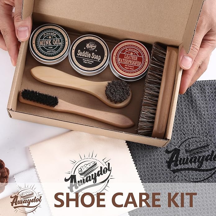 10 PCS Leather Boot Care Kit - Horsehair Brushes,Saddle Soap,Waterproofing Wax,Mink Oil Conditioner,Polishing Cloth,Microfiber cloth,Shoe Shine Cleaning Kit Gift for Men Cowboy Husband Dad ﻿