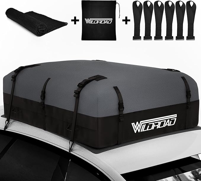 WILDROAD Rooftop Cargo Carrier - 25 Cubic Feet, 600D Ultra Anti-Tear Fabric, Waterproof Car Roof Bag with Soft-Shell, Anti-Slip Mat and 6 Door Hooks - Fits Cars with/Without Racks