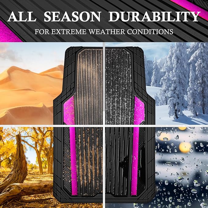 CAR PASS Heavy Duty Rubber Car Mats Metallic, Aluminum Film All Weather Floor Mats Waterproof Universal Trim to Fit for SUV Sedan Van 4 Piece Anodized Deep Dish Two-Tone Sporty Black Hot Pink Chrome