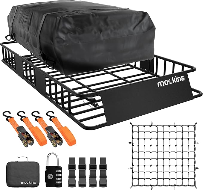 Mockins 64"x39"x6" Extendable Car Roof Rack Basket & 16 CuFt Waterproof Car Rooftop Cargo Carrier Bag | 250 Lbs. Cap Steel Roof Rack Cargo Carrier for Top of Vehicle with Rooftop Basket Accessories