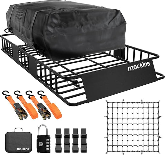 Mockins 64"x39"x6" Extendable Car Roof Rack Basket & 16 CuFt Waterproof Car Rooftop Cargo Carrier Bag | 250 Lbs. Cap Steel Roof Rack Cargo Carrier for Top of Vehicle with Rooftop Basket Accessories