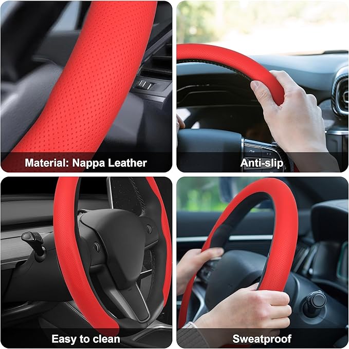 frani Nappa Leather Steering Wheel Cover, Universal 15 Inch Premium Non-Slip Steering Wheel Cover Red