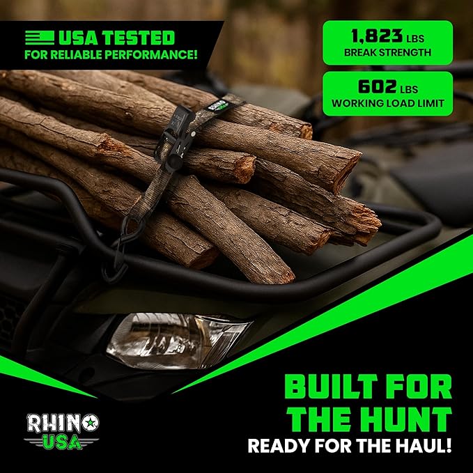 Rhino USA x Realtree Ratchet Straps Tie Downs (4-Pack) - 1 Inch x 15 Feet (1,823lb Break Strength) - Ultimate Tie Down Straps with Safety S Hooks - for Trucks, Cargo, Moving, Appliances - Camo