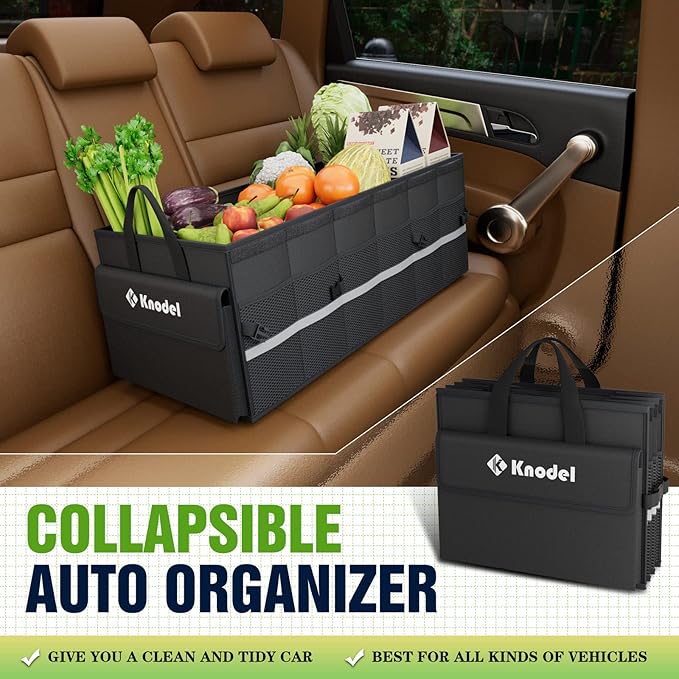 K KNODEL Car Trunk Organizer with Lid, 3 Compartments Collapsible Car Trunk Storage Organizer, Large Car Organizer and Storage for SUV, Truck, Sedan (Large, Black)
