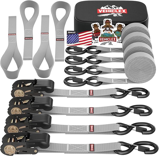 Ratchet Tie-Down Straps Set - (1" x 15', 2200lbs Breaking Strength) - Vehiclex Soft Loops, Coated S-Hooks, Storage Bag for ATV, Motorcycle, Bicycle, Kayak, Cargo Securing, Silver