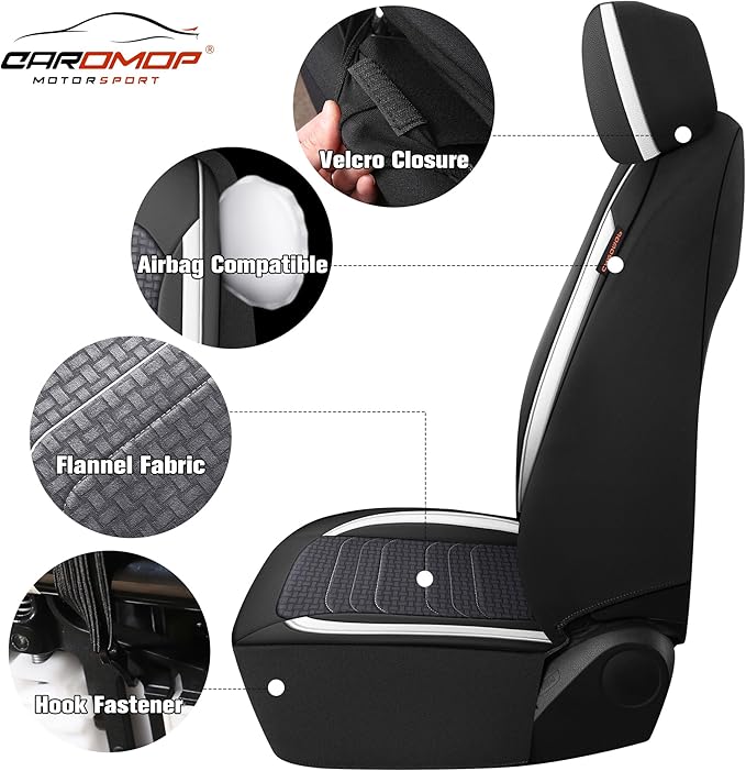 CAROMOP Premium PU Leather&Flannel Car Seat Covers Full Seats,Split Bench Compatible Car Interior Covers, Universal Fit Most Car Sedan Truck SUV(5-Seat Black/White)