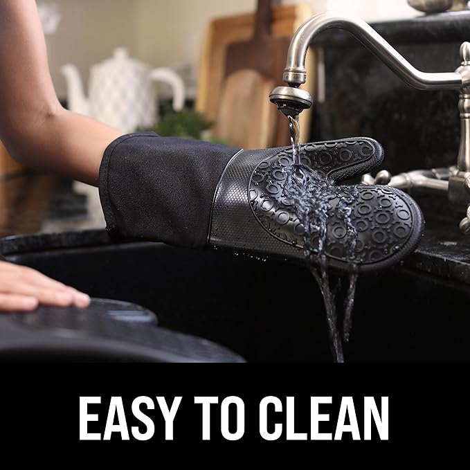 BPA-Free Silicone Oven Mitts Ultra Heat Resistant up to 500°F - Oven Mitts with Thick Cotton Liner - Long Slip Resistant Pot Holders, Flexible Oven Gloves - Black 13.7"