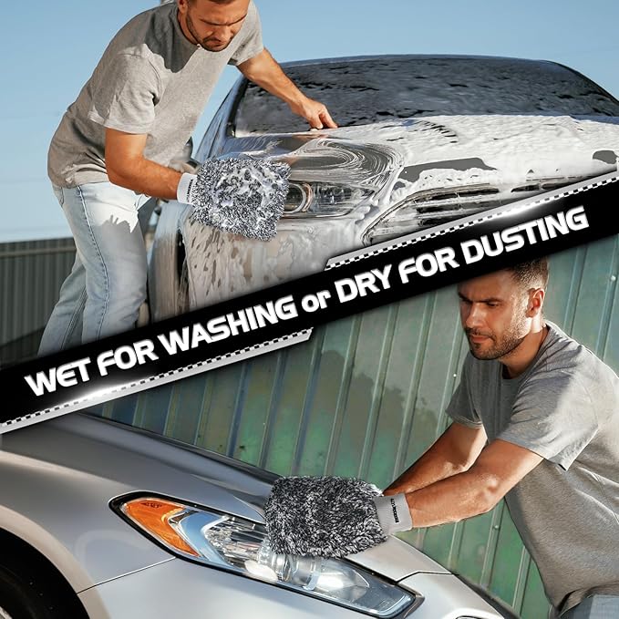 Premium Microfiber Car Wash Mitt, 2 Pack Auto Detailing Mitts for Scratch-Free Cleaning for Cars, Trucks, Absorbent, Extra Soft, Lint-Free Car Cleaning Gloves, Reusable, Machine Washable