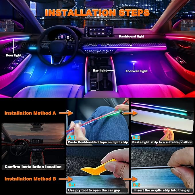 Interior Car LED Strip Lights, Acrylic LED Lights for Car with Dynamic Dreamcolor Chasing, Ambient Lighting Kits Music Sync Wireless APP and RF Remote Control (6 in 1)