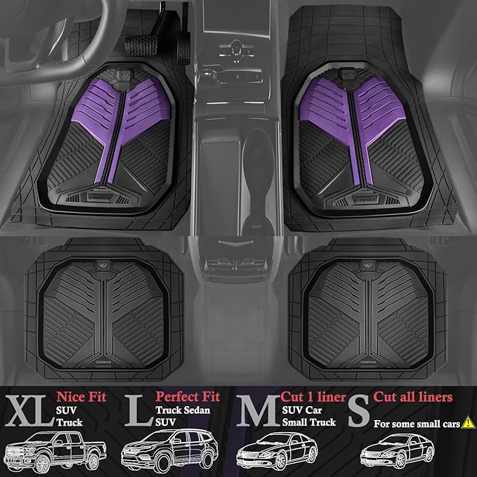 CAR PASS Heavy Duty Rubber Car Mats, Deep Dish Car Floor Mats All Weather, Car Mats Full Set Trim to Fit for Sedans SUVs Trucks, Waterproof Anti-Slip Automotive Mats, Black and Purple (4 Pcs)