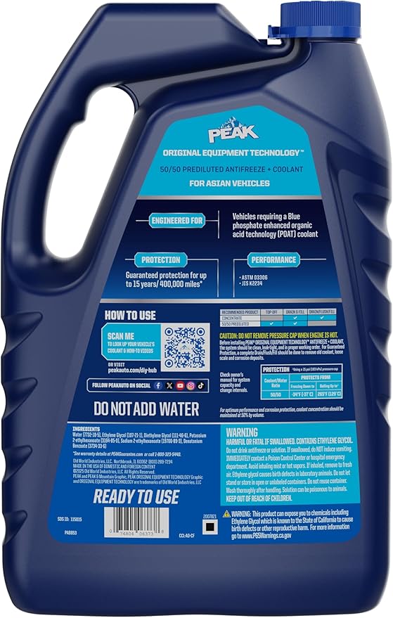 PEAK OET Extended Life Blue 50/50 Prediluted Antifreeze/Coolant for Asian Vehicles, 1 Gal.