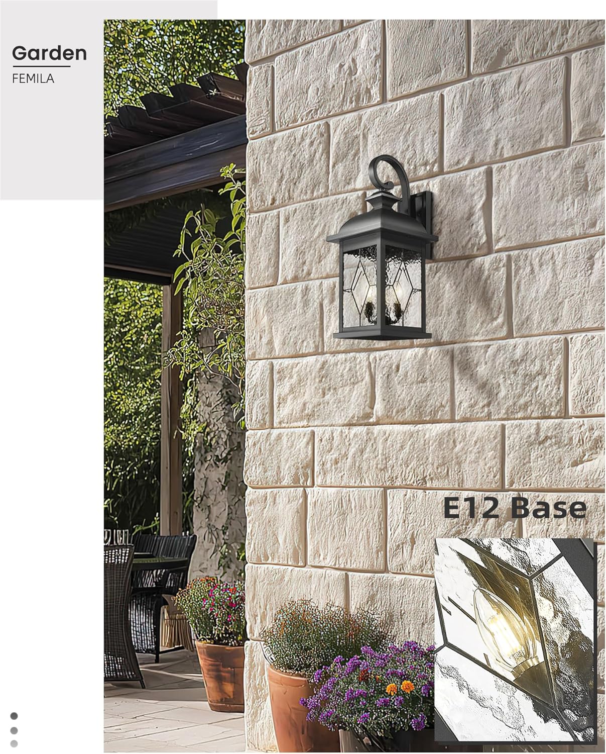 FEMILA 3-Light Outdoor Wall Light, 26" Large Exterior Wall Lantern with Water Ripple Glass, Porch Light for Entryway, Patio, Garage, and Doorway, E12 Base, 4FD54B-L SD BK