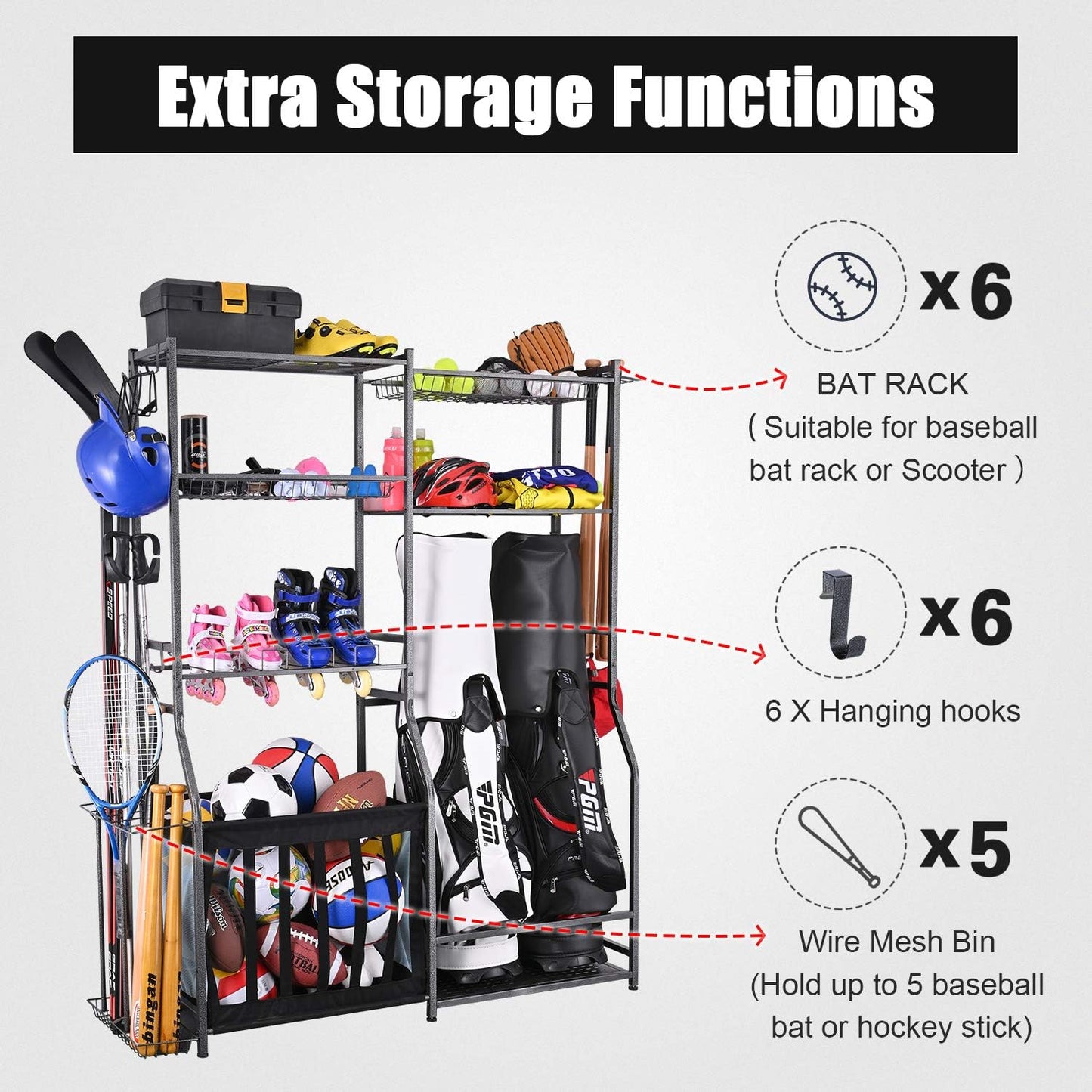 Mythinglogic Garage Sports Equipment Storage, 2 Golf Bag Storage Stand and Other Sports Equipment Storage Rack, Garage Organizer System