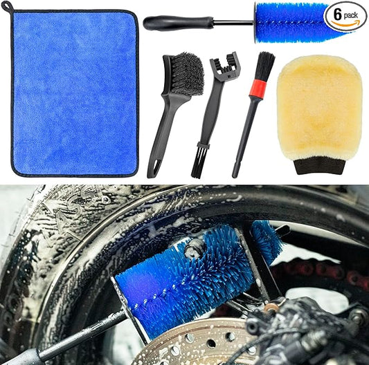 Motorcycle Cleaning Kit 6 Pack with Easy Reach Brush,Tire Brush,Wool Wash Mitt,Chain Brush,Detailing Brush and Microfiber Towel for Cleaning Motorcycle Mudguard,Rims,Exhaust,Frame
