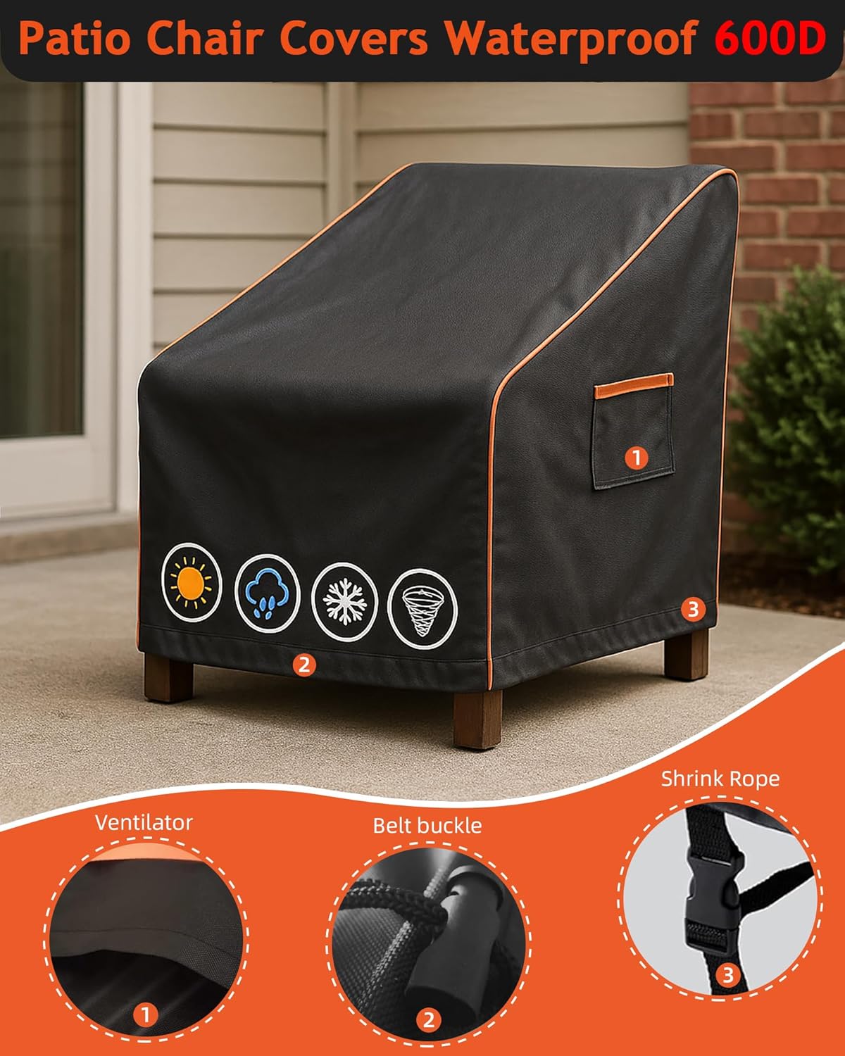 Outdoor Waterproof Patio Chair Covers, Heavy Duty Oxford Coating Weather Resistant Patio Furniture Covers 600D 33W x 35D x 36H inches 2-Pack, Black