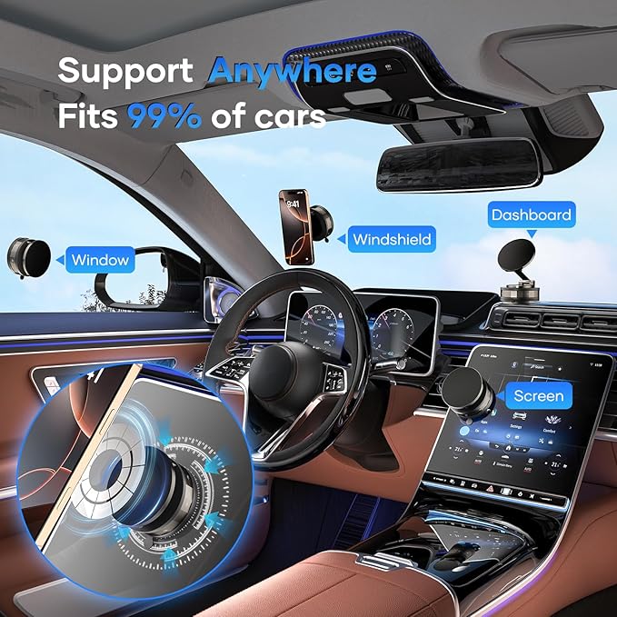 Magnetic Car Phone Holder for Magsafe, 360° Rotatable, 70+LBS Vacuum Suction Cup with Built-in Nano Gel, 3000gf Magnetic Phone Mount for Car, Compatible with Most Phones (Black, 2 Pack)