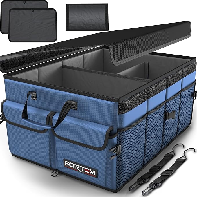 FORTEM Car Trunk Organizer, Collapsible Multi Compartment SUV Organizer, Foldable Storage for Car Accessories for Women Men, 600D Oxford, Non Slip Bottom, Securing Straps, Soft Cover (50L)