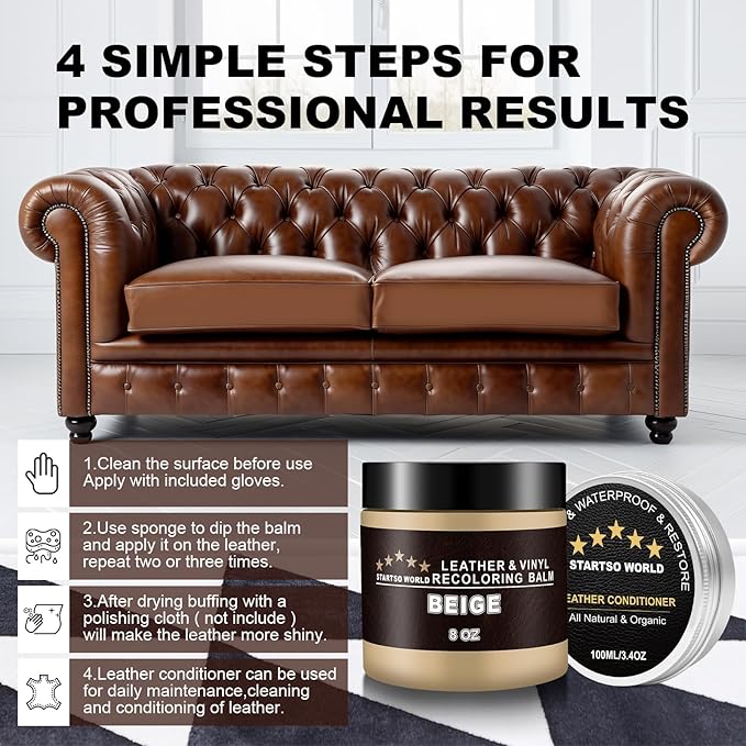 STARTSO WORLD 200Ml Leather Recoloring Balm with 100ML Leather Conditioner, Beige Leather Repair Kit for Furniture, Leather Dye, Leather Scratch Repair, Leather Couch Paint