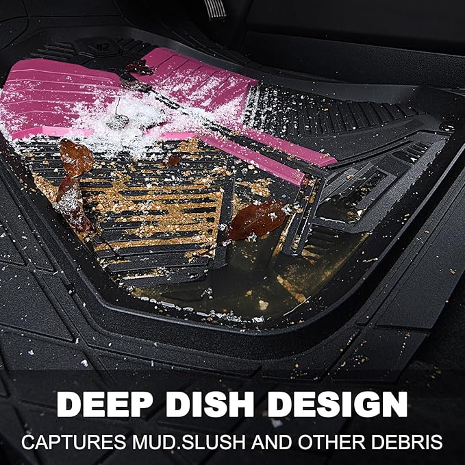 CAR PASS Heavy Duty Rubber Car Mats, Deep Dish Car Floor Mats All Weather, Car Mats Full Set 4-Piece Trim to Fit for Sedans SUVs Trucks,Women Waterproof Anti-Slip Automotive Mats, V12 Black and Pink