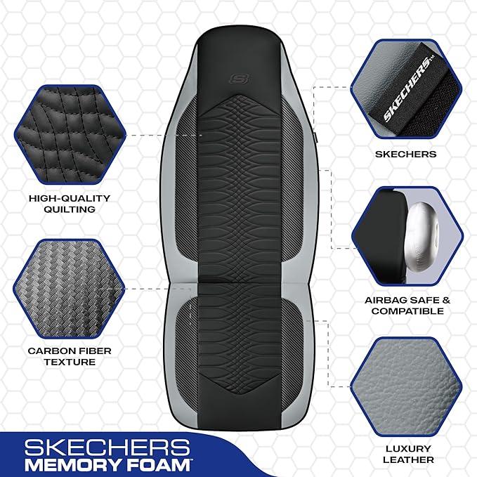 Skechers Memory Foam Car Seat Covers, Leather High Back Seat Covers Quilting Design,Waterproof Sports Car Seat Covers Front Seats,Airbag Compatible, Universal Fit for Most Cars, SUVs,Trucks,Gray