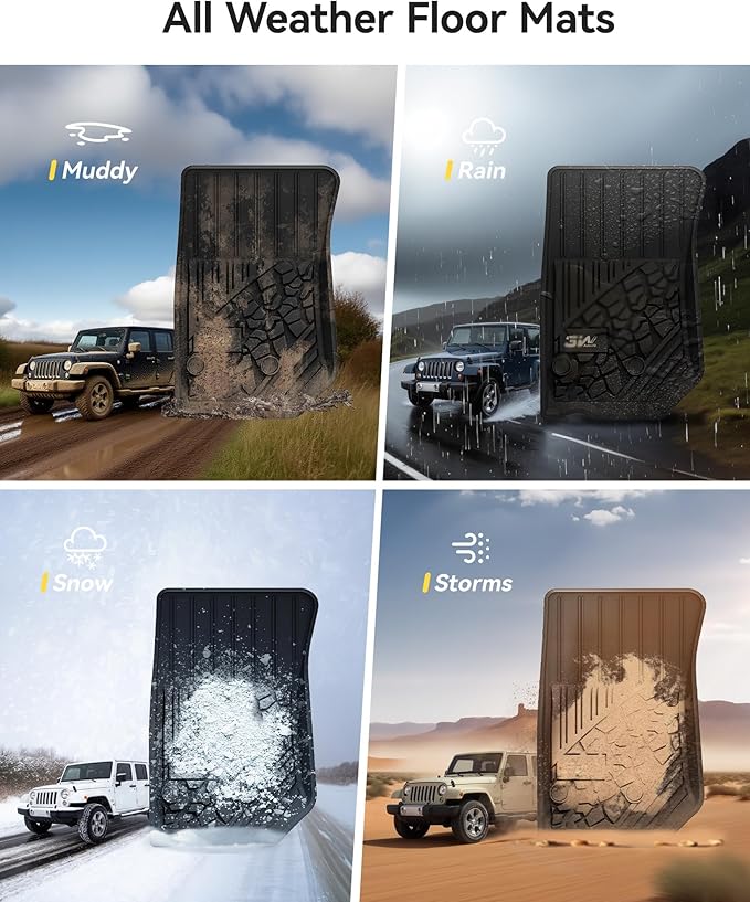 3W Floor Mats Fit for Jeep Wrangler JK 2014-2018 Unlimited 4 Door Only (Non JL or 4XE) TPE All Weather Custom Fit Floor Liner for Jeep Wrangler JK 1st and 2nd Row Full Set Car Mats, Black