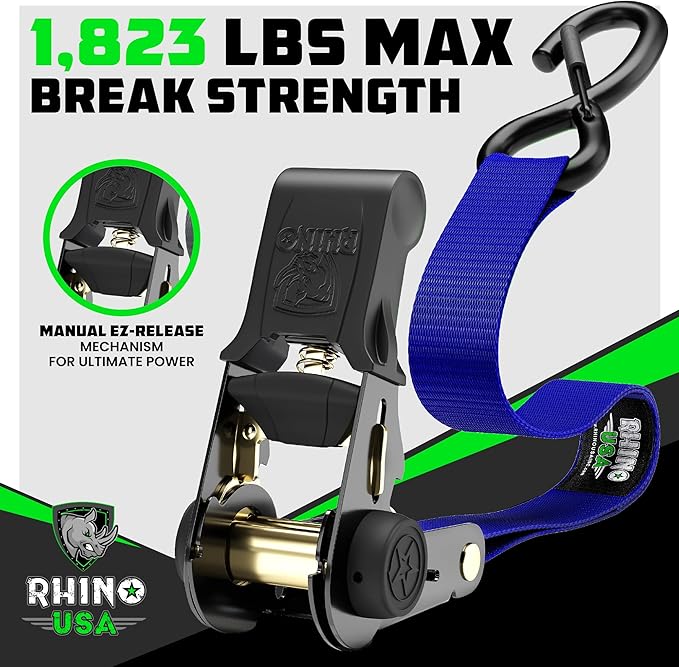 Rhino USA Ratchet Straps Tie Downs (4-Pack) - 1 Inch x 15 Feet (1,823lb Break Strength) - Ultimate Tie Down Straps with Safety S Hooks - for Trucks, Cargo, Moving, Appliances - Blue
