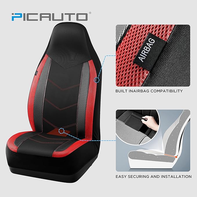 PIC AUTO High Back Front Car Seat Covers - Sports Carbon Fiber Mesh Design, Universal Fit, Airbag Compatible (Red)