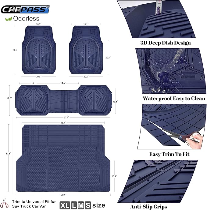 CAR PASS Heavy Duty Rubber Car Mats with Cargo Liner, Deep-Dish Car Floor Mats and Trunk Mat All Weather, Universal Trim-to-Fit for SUVs Trucks Sedans, Waterproof Anti-Slip, Trimmable V12 Blue