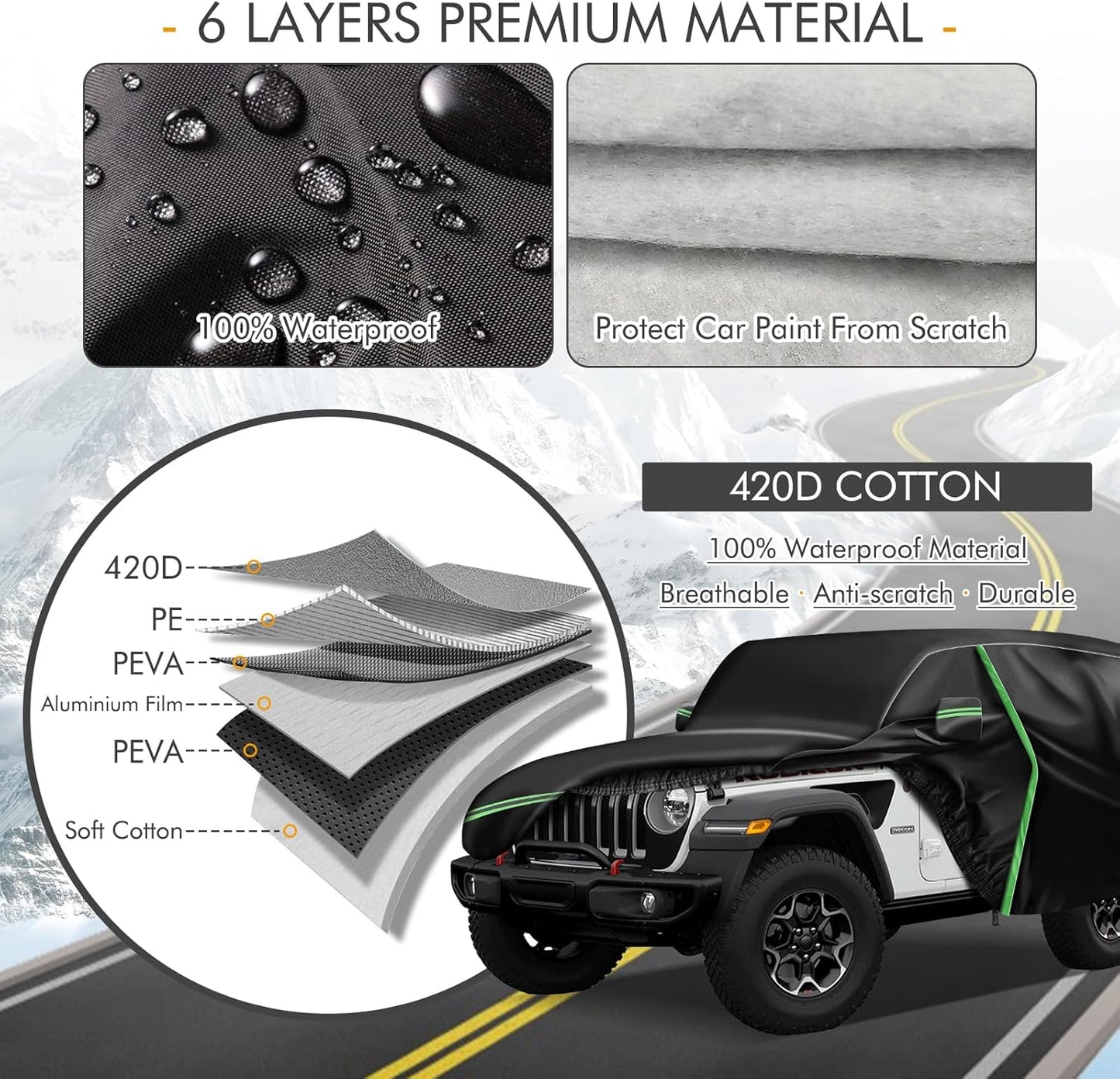 for 1987-2006 Jeep Wrangler 2 Doors 420D Cover Outdoor Waterproof UV Protection, for JK, JL, CJ, YJ, TJ, Full SUV Car Cover with Cotton Layer, 2 Zipper Door, Reflective Strip, Storage Bag