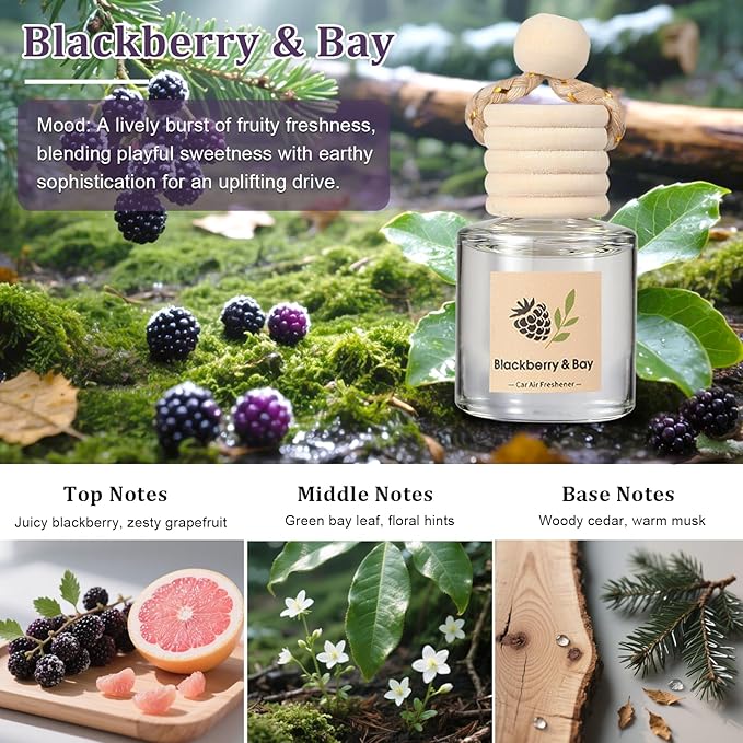 Car Air Freshener Oil Diffuser - Hanging Long Lasting Scent for Car & Home (BlackBerry & Bay, White Musk & Cedarwood, English Pear & Freesia, Wild Bluebell)