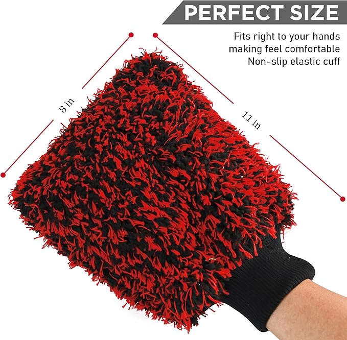 TAKAVU New Car Wash Mitt, 2 Pack Premium Cyclone Microfiber Washing Gloves, Holds Tons of Sudsy Water for Effective Washing, Machine Washable, Lint Free, Scratch Free (Red & Black)