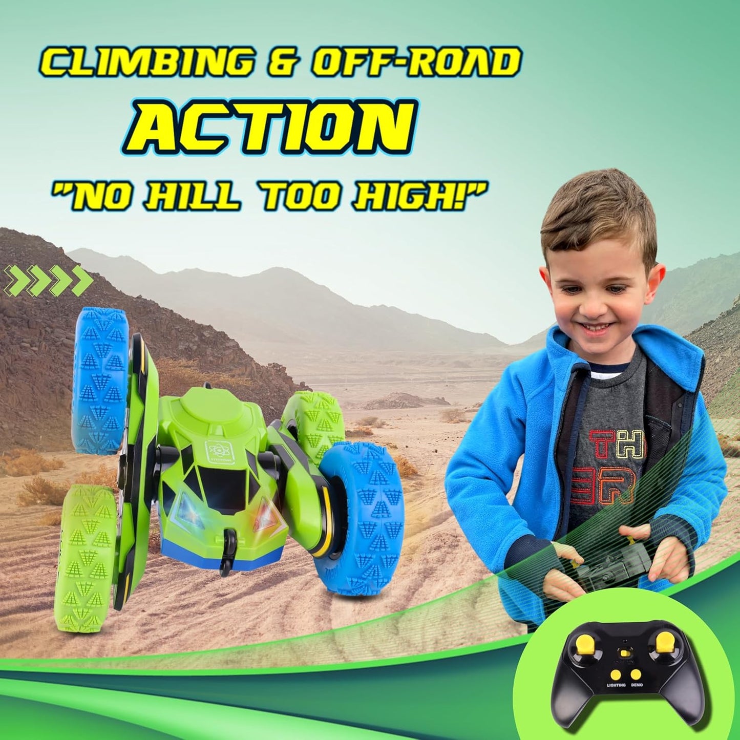 All-Round Drive Stunt RC Car - 360° Spins, High-Speed Off-Road with LED Headlights, 2 Rechargeable Batteries, AAA Remote Batteries, All-Terrain for Kids 6+ & Adults (Green & Blue)