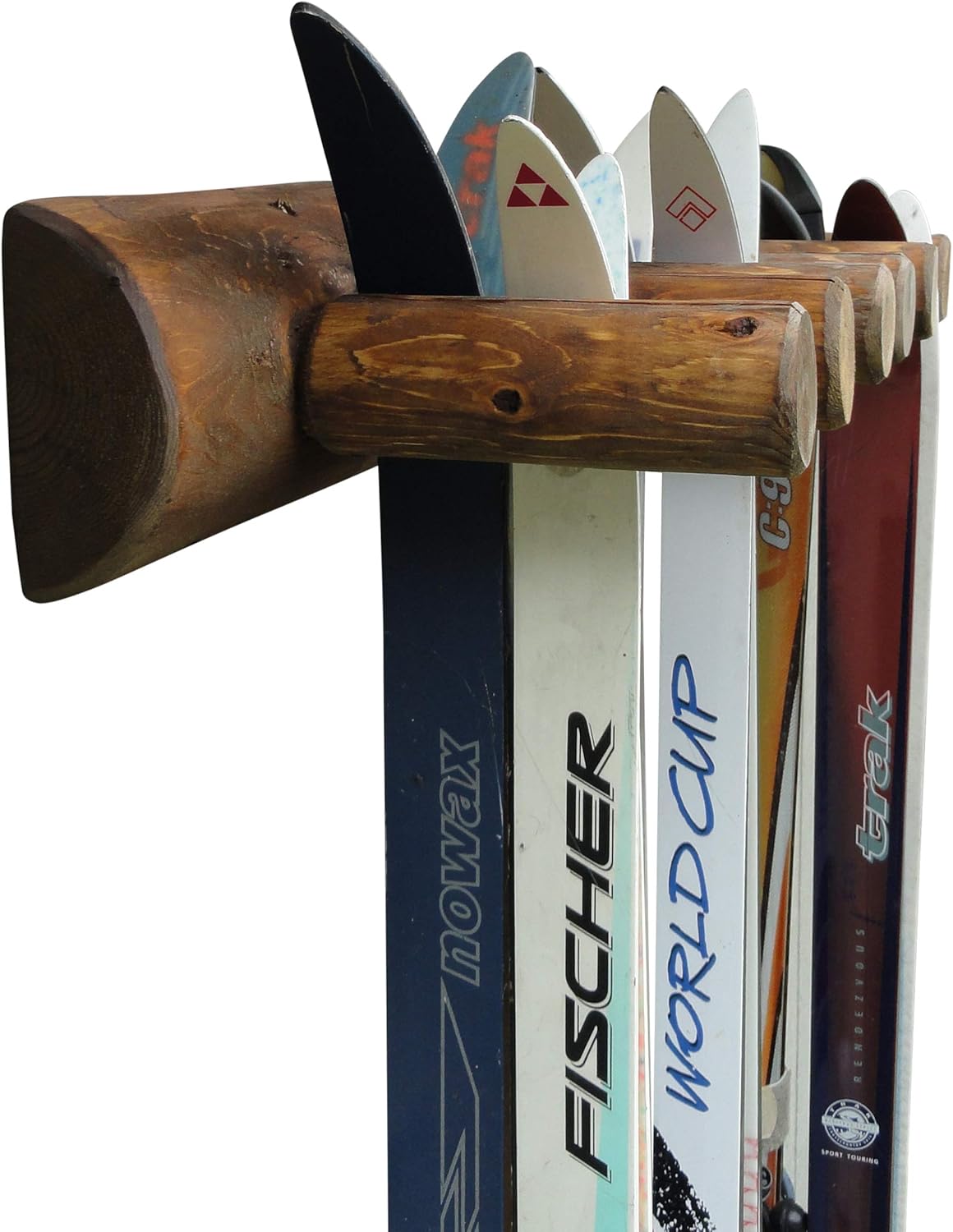 6-Place Log Ski Rack Wall Mount, Indoor Ski Storage Rack for Garage Organizers, Wooden Skis Wall Mount Storage Racks, Pole Skis Sports Racks, Garage Organization Walls - Canyon Brown
