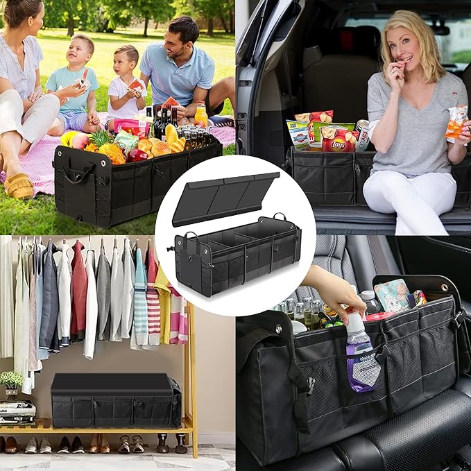 Large Trunk Organizer with Removable Cooler Bag-Collapsible Multi Compartments w/Foldable Cover, Non Slip Bottom Cargo Storage Suitable for Any Car, SUV, Truck, or Van(3 compartments,Black)