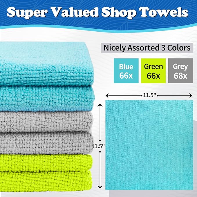 FIXSMITH Shop Towels, Microfiber Cleaning Cloth Bulk, 200 Pack Microfiber Towels for Cars, All-Purpose Absorbent Cleaning Rags, Dust Cloth for Automotive, Mechanic, Garage, Bar, 11.5 x 11.5 inch