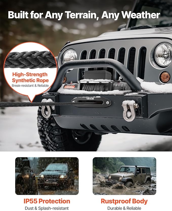 VEVOR Electric Winch, 13500 lbs Load Capacity, 12V DC Truck Winch with Φ3/8 in x 85 ft Synthetic Rope, Wireless & Wired Remote Control, IP55 Waterproof for Towing Off-Road SUV Jeep Trailer Boat