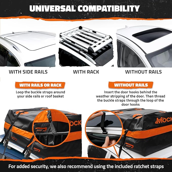Mockins 20 Cu.Ft. Roof Cargo Bag for Top of Car | 53"x40"x17" All-Weather Rooftop Cargo Carrier Bag | Abrasion-Resistant Vinyl Car Top Carrier Without Roof Rack w/Mat, Straps, Hooks, Lock & Carry Bag