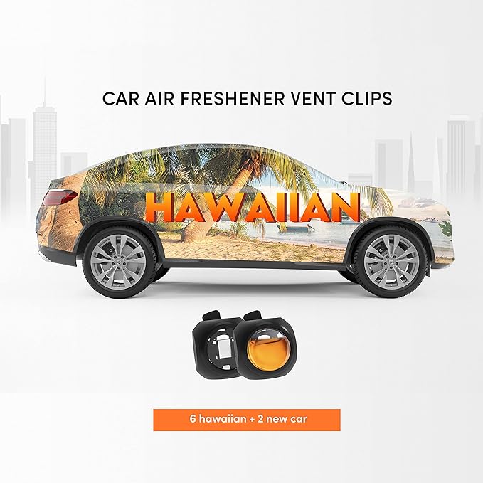 Car Air Freshener Vent Clips, 8 PK, 6 Hawaiian, 2 New Car, Car Fresheners for Men Women, Up to 240 Days, Natural Odor Eliminator