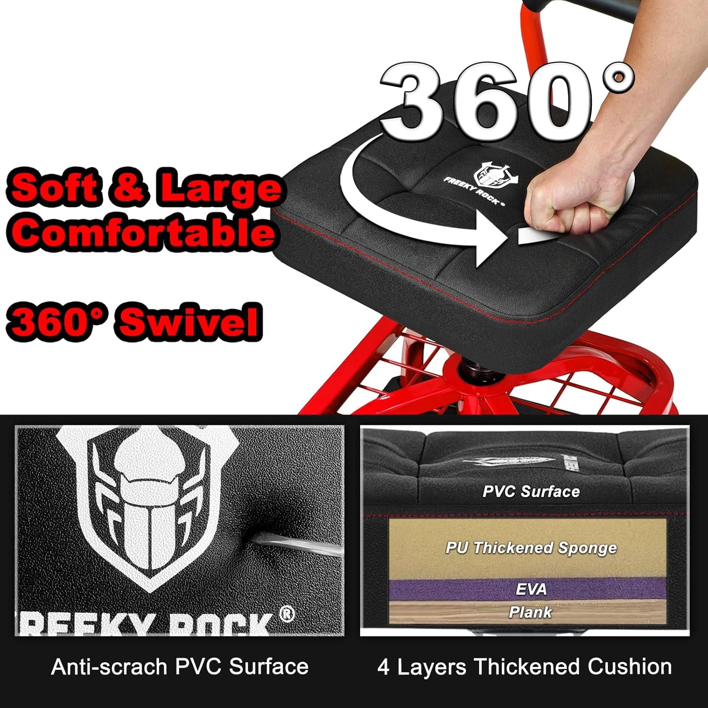 Rolling Shop Stool with Wheels, Garage Mechanic Shop Chair with Handle Backrest, Adjustable Height Work Stool, Roller Seat with Tool Tray Storage, Heavy Duty, 330 LBS Capacity, Red