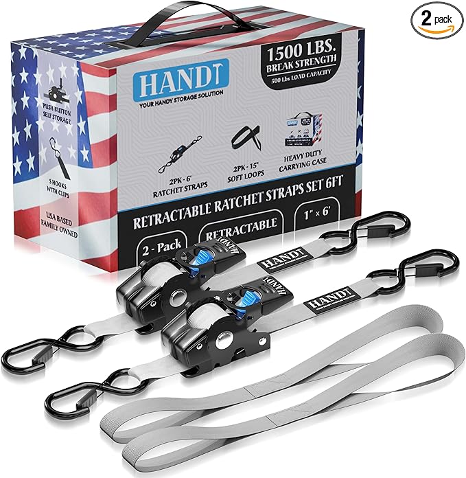 HandT USA Based Retractable Ratchet Straps (2PK) 1in x 6ft - 1,500lb Break Strength, Heavy Duty Automatic Ratchet Straps Self Retractable Tie Down, Push Button Retracting Truck Trailer Cargo | Gray