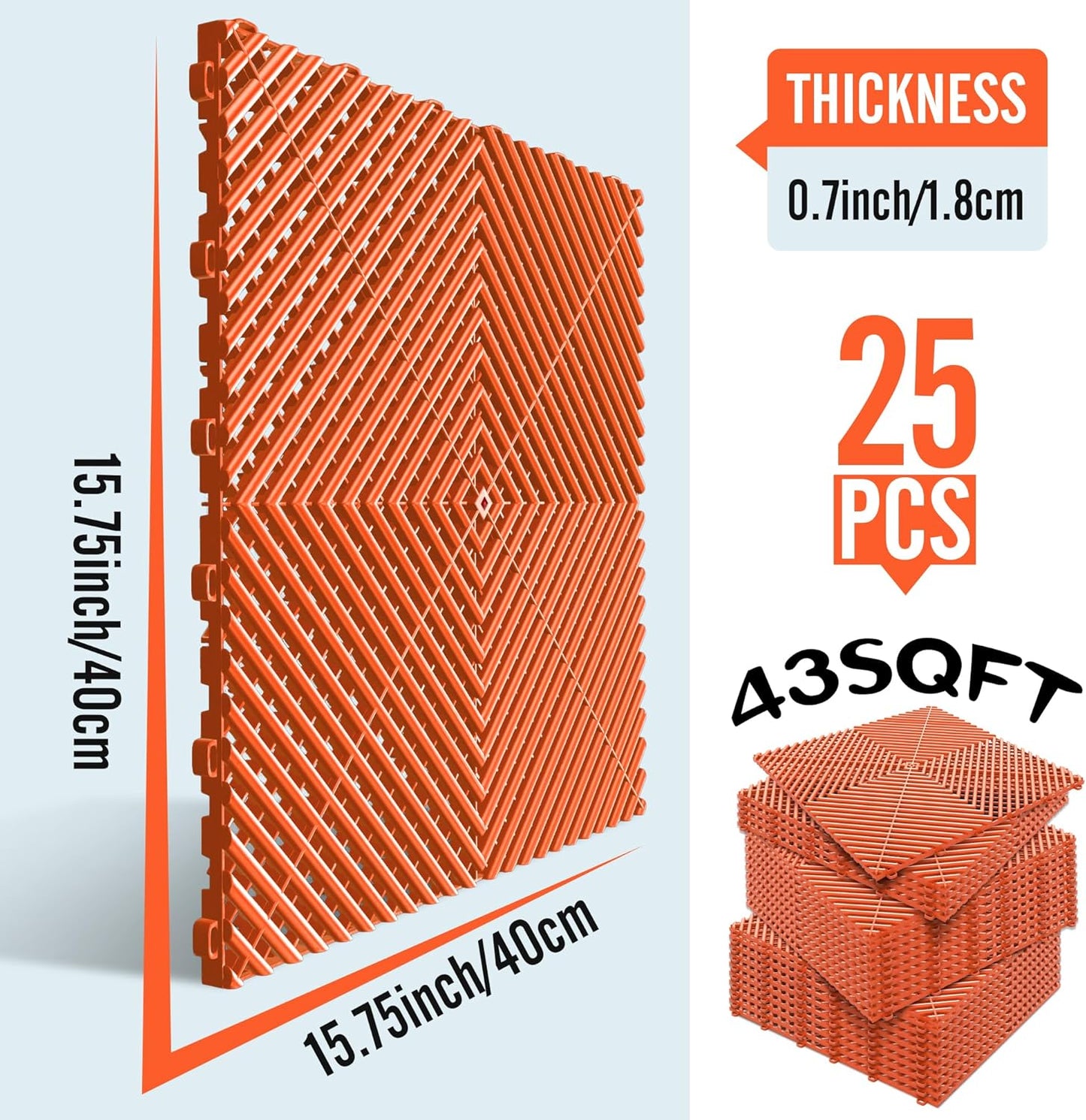 15.7"x15.7" Garage Flooring Tiles, Non-Slip Interlocking Plastic Garage Floor Mat, Garage Organization & Garage Storage, Vented Pattern (Orange, 25PCS)